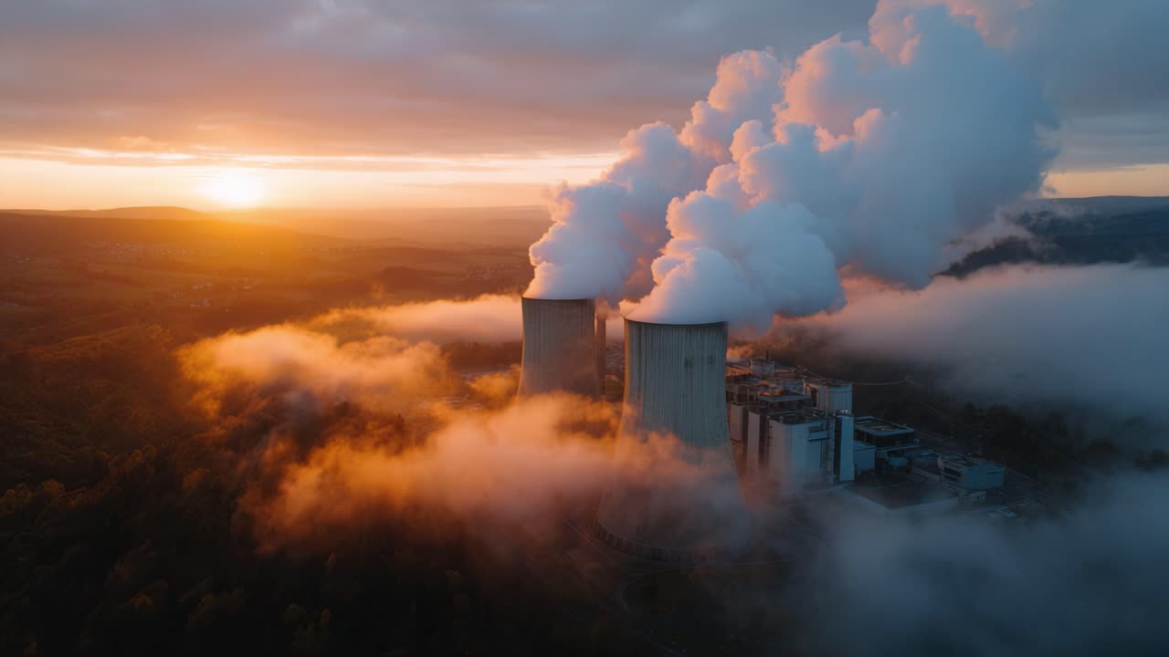 Vista aerea di una centrale elettrica all'alba con fumi di emissione e nuvole che circondano le torri di raffreddamento, illuminate dalla calda luce dell'alba in un bellissimo paesaggio.