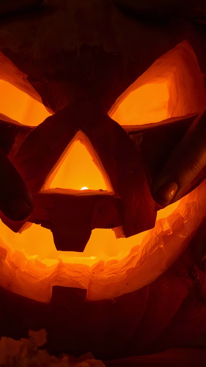 Vertical video: Flickering tea light causing hand steadying carved pumpkin at home with dark nails