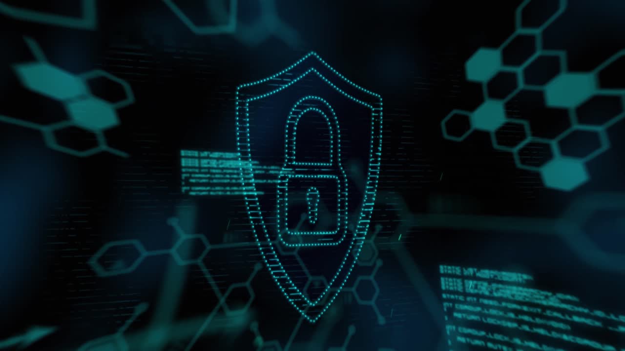 animación del símbolo del candado de punto verde, con información y procesamiento de datos en negro