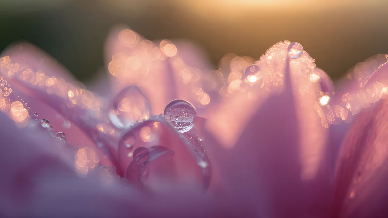 Gruppo di petali rosa che si rivela spostandosi dopo la carrellata della camera all'alba, con gocciolina principale e bagliore caldo