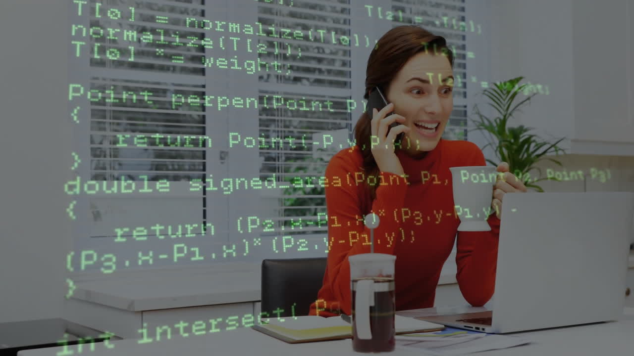 Talking on phone and using laptop, woman with code animation over office background