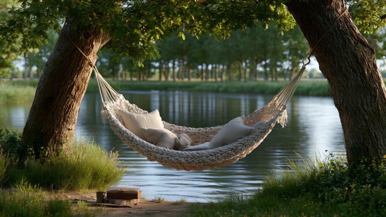 Una fuga serena: un'accogliente amaca sistemata tra gli alberi che si affaccia su un ruscello tranquillo in una giornata di sole, perfetta per il relax e la riflessione