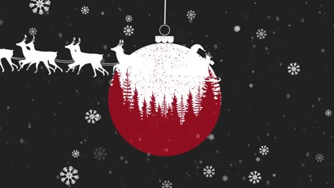 Animation-of-christmas-ball-and-santa-in-sleigh-with-reindeer-on-black-background