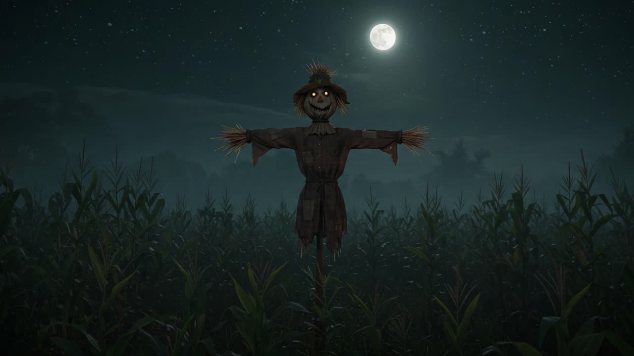 A hauntingly eerie scene unfolds as a scarecrow stands sentinel in a moonlit cornfield, its glowing eyes piercing through the dark and foreboding night