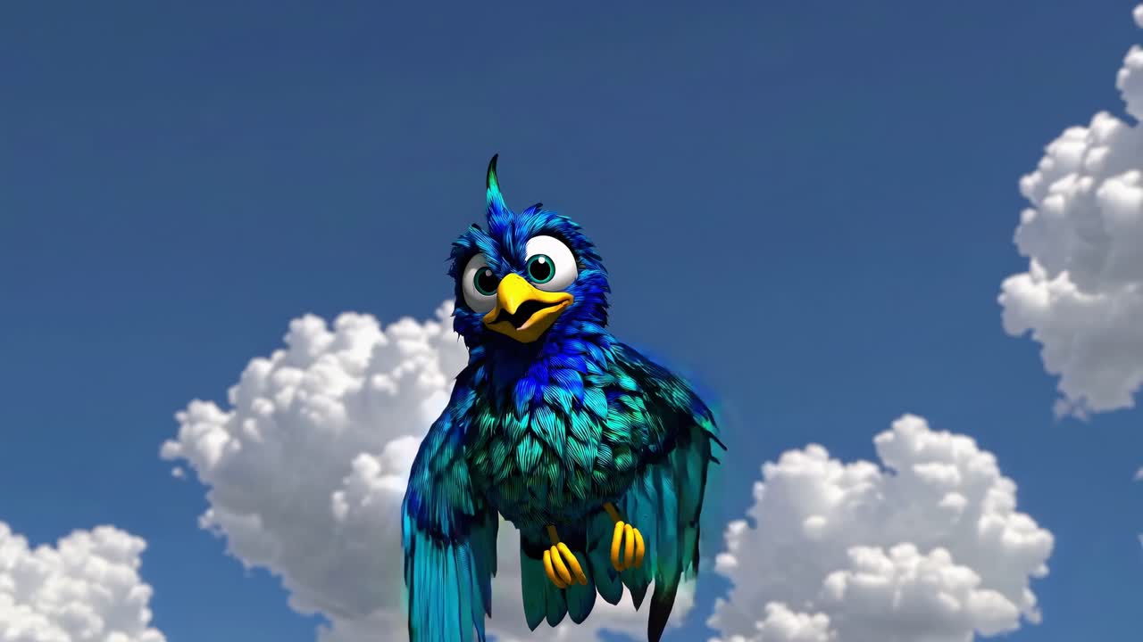 A vibrant 3D animated blue bird with expressive eyes, captured mid-flight against a bright sky