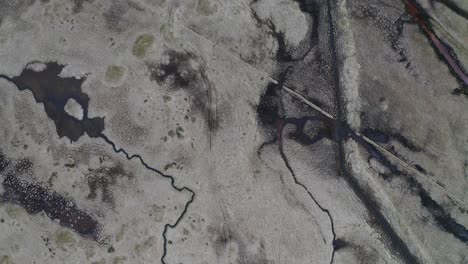 birdseye view looking straight down at rough, dry marshland in iceland