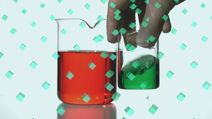 Animation of rows of green cubes over scientist holding laboratory beaker with green liquid