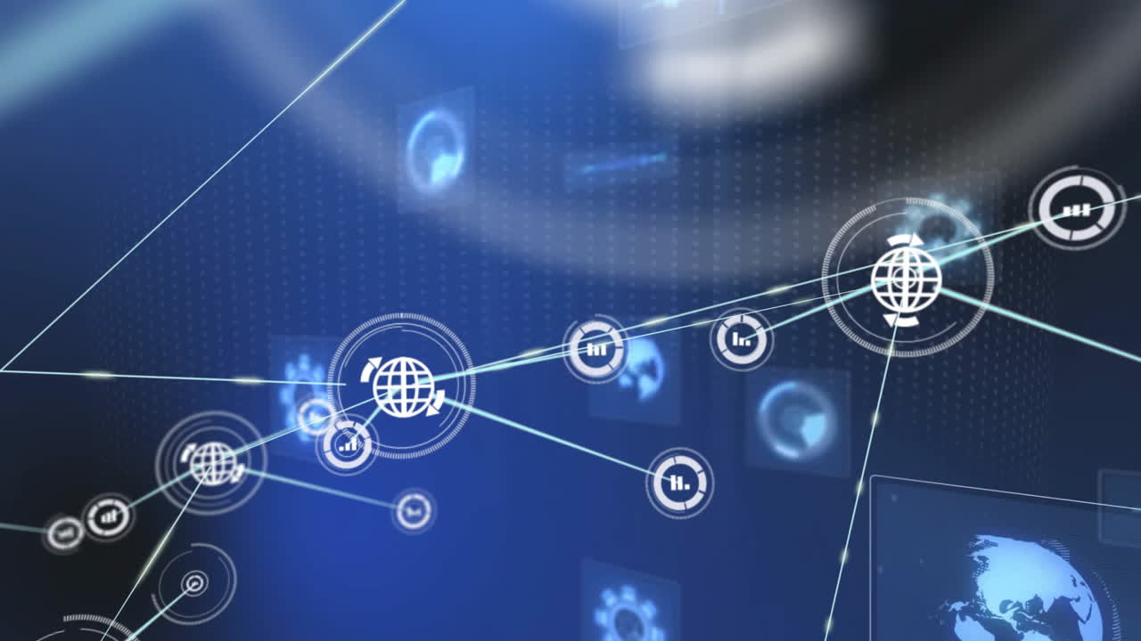 Network of digital connections and data processing animation over blue background