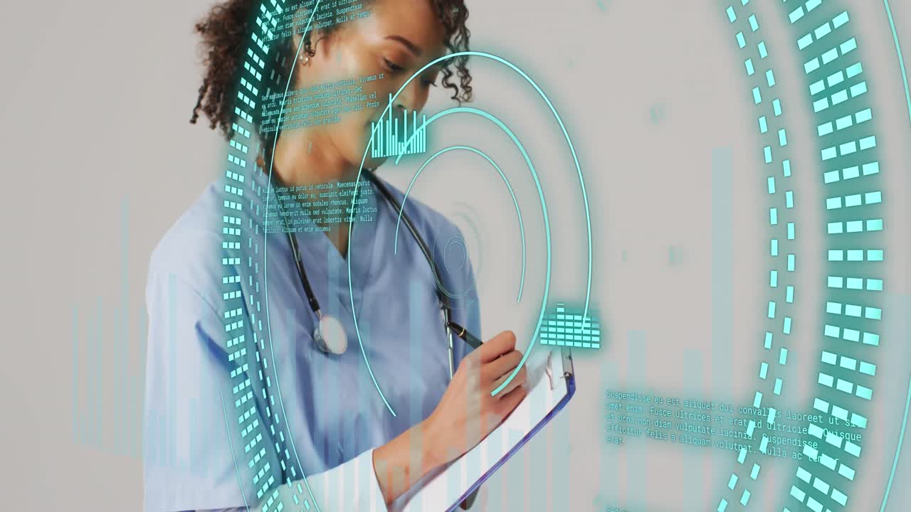 Animation of data processing over biracial female doctor writing on clipboard