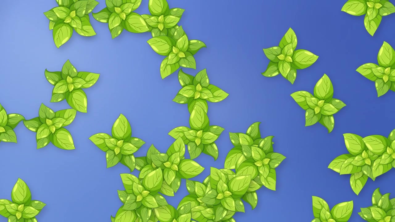 Animated Fresh Green Basil Leaves Floating on Blue Background
