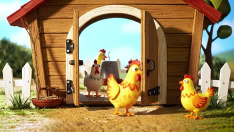 charming chicken coop scene with vibrant animated birds gathered around the open barn door and lively farmyard setting in bright colors