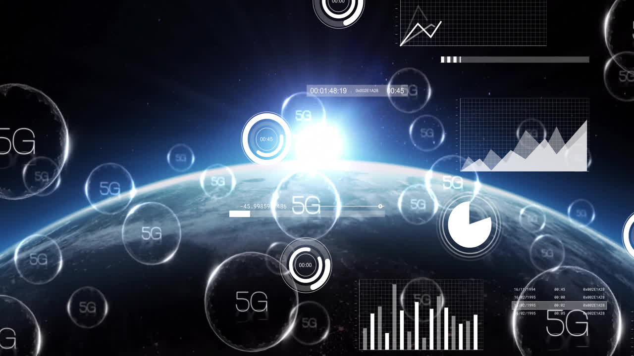 Animation of 5g text and data processing over globe