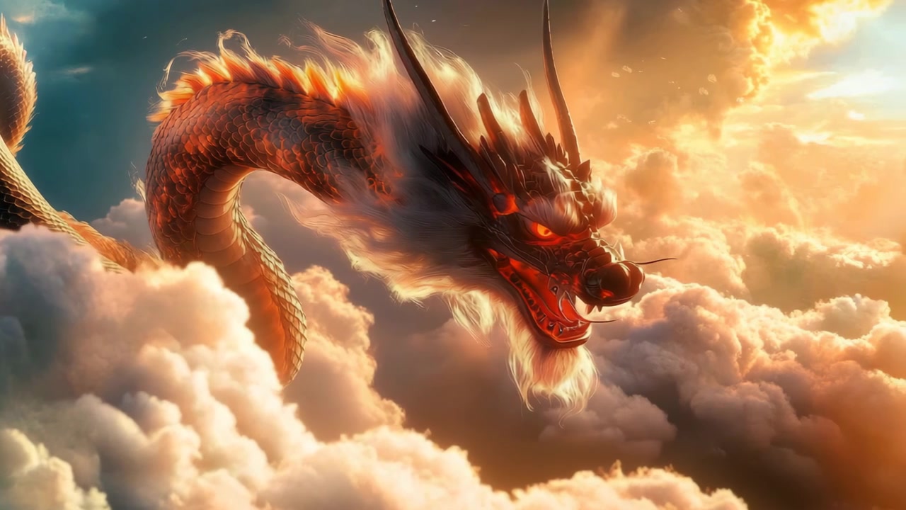 Dragão Chinês Majestoso Voando Através de Nuvens Douradas ao Pôr do Sol