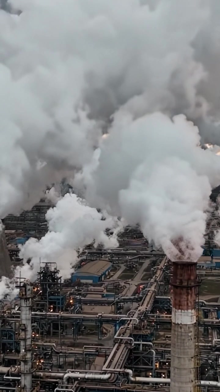Industrial Landscape with Emission Smokestacks Surrounded by Dense Clouds of Smoke and Vaporing Fumes, Highlighting the Impact of Manufacturing on Air Quality