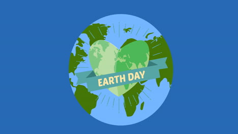 animation of earth day text with globe and heart logo on blue background