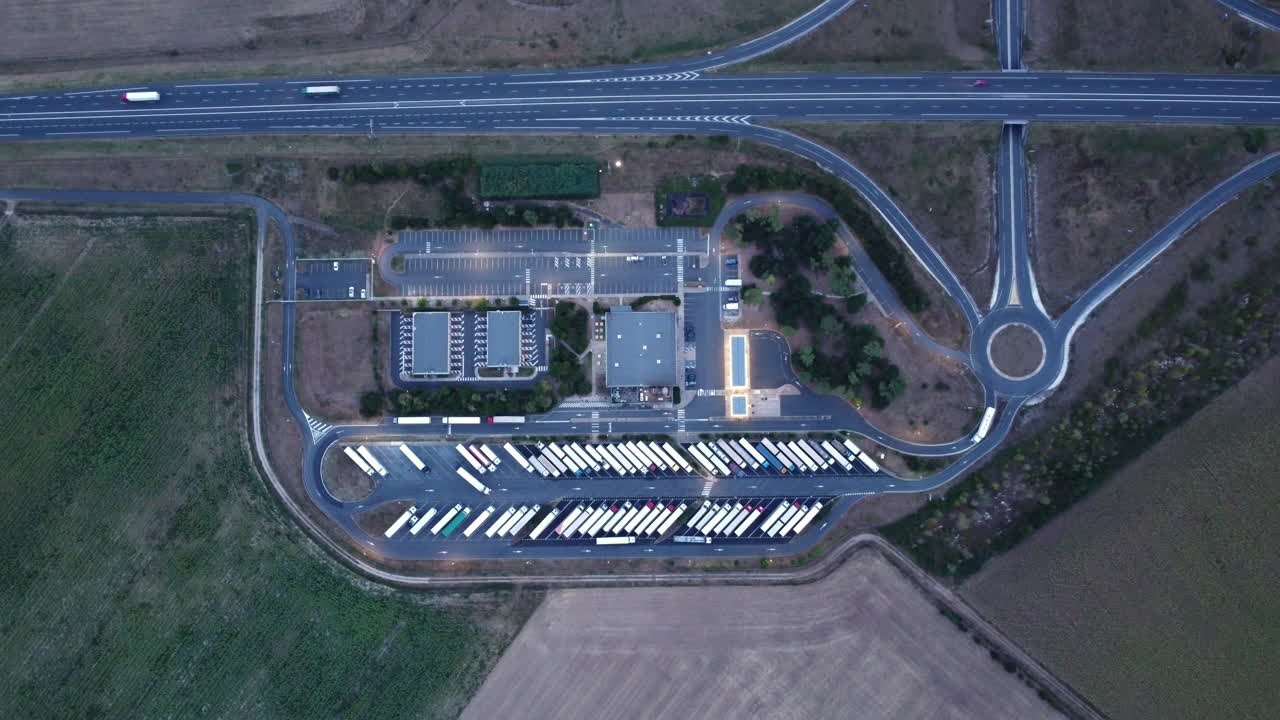High angle view of a Truck Stop along a motorway