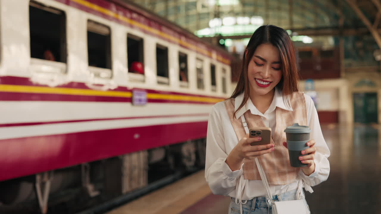Woman Drinking Coffee and Using Phone at a Train Station