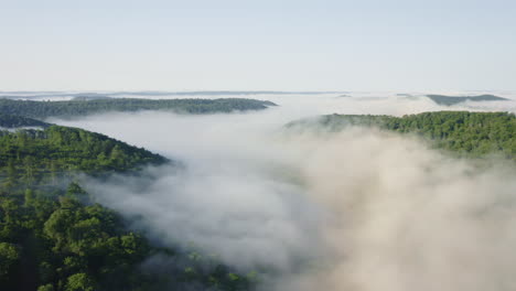 aerial drone flying forward through green summer forest as warm, white morning fog flows through the valley below in pennsylvania