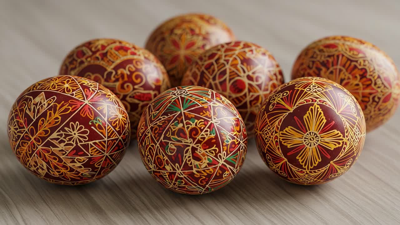 A Colorful Display of Intricately Designed Decorative Eggs with Vibrant Patterns and Rich Hues, Showcasing Artistry and Craftsmanship in an Artistic Arrangement