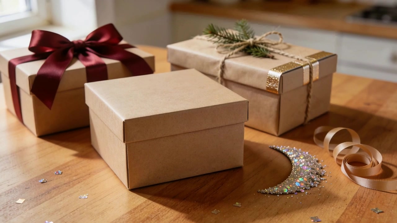 Sliding camera revealing three kraft boxes on kitchen tabletop, catching bow and crescent ornament