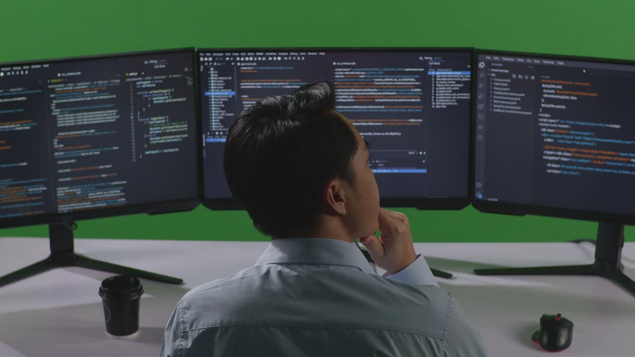 Programmer looking at code on multiple monitors