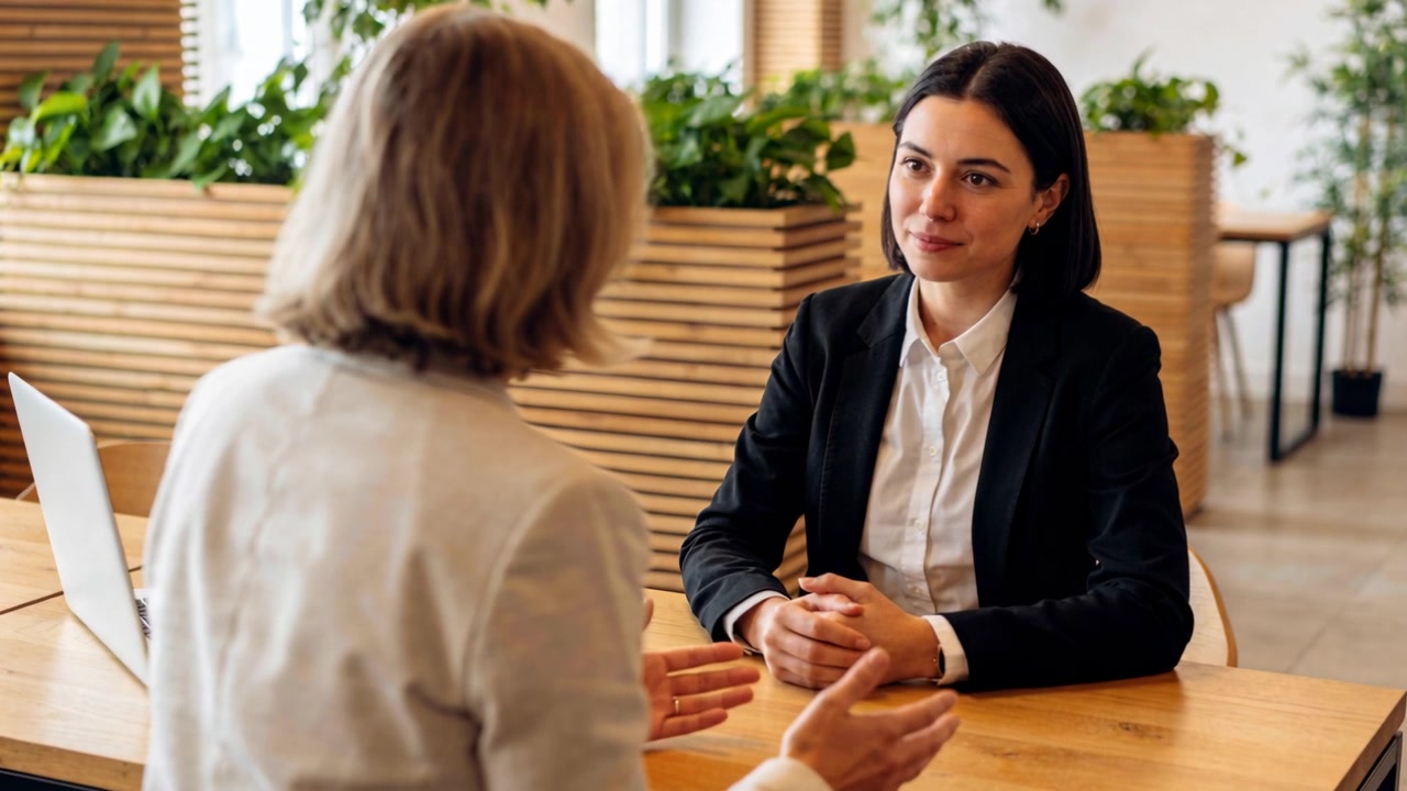 Donna in blazer nero ascolta al tavolo mentre un collega parla, preparando una risposta, con una fioriera e spazio per il testo.