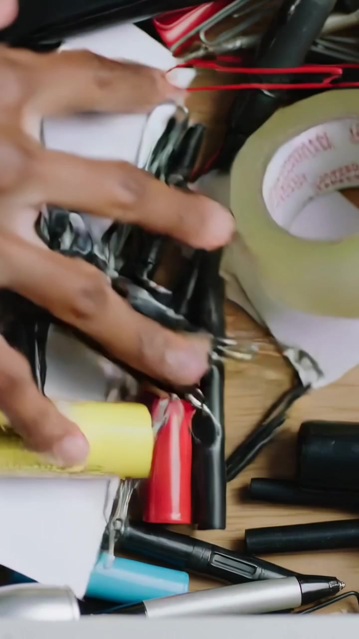 Vertical video: Sifting one hand moving across desk, finding parts, exposing clips, yellow cells