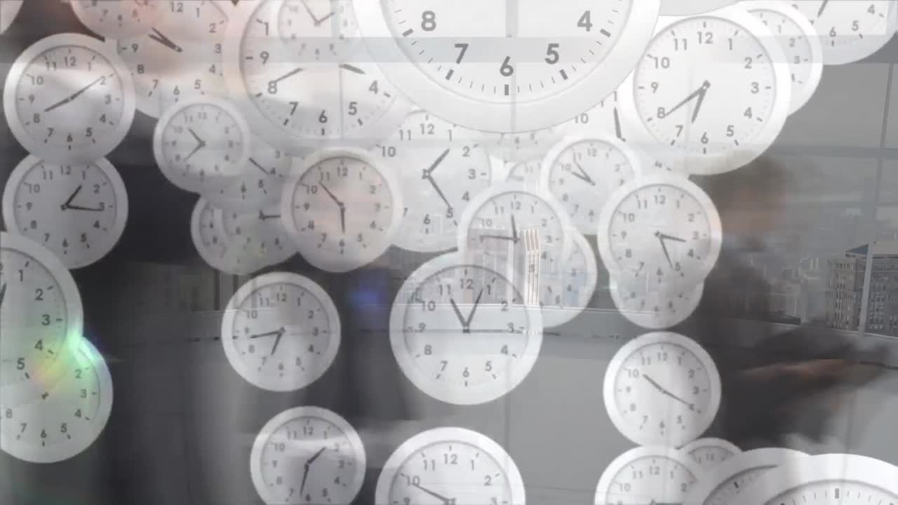 Animation of falling white clock over time-lapse of people walking against glass window in office