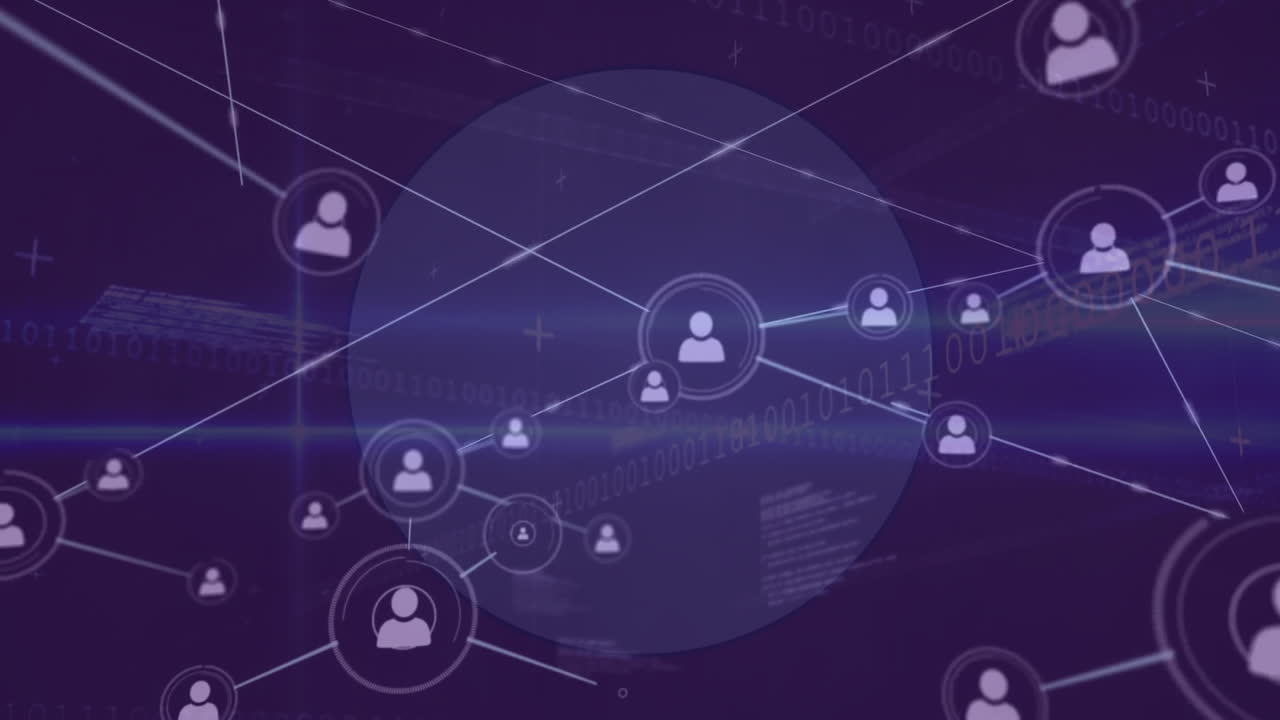 Network of connections and data processing animation over binary code background