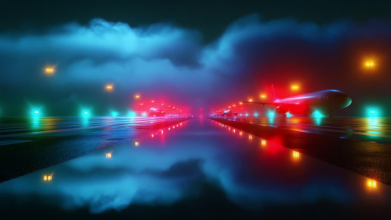 A surreal nighttime airport scene featuring illuminated runways reflecting vibrant colors amidst a foggy atmosphere, with parked aircraft highlighting the serene yet mysterious ambiance of aviation at night