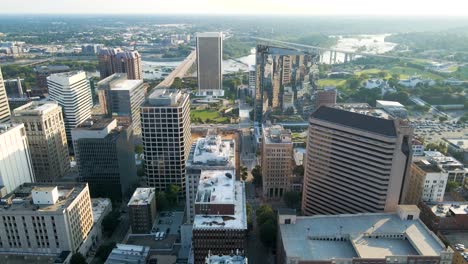 downtown buildings and james river in richmond, virginia | aerial view panning up | summer 2021