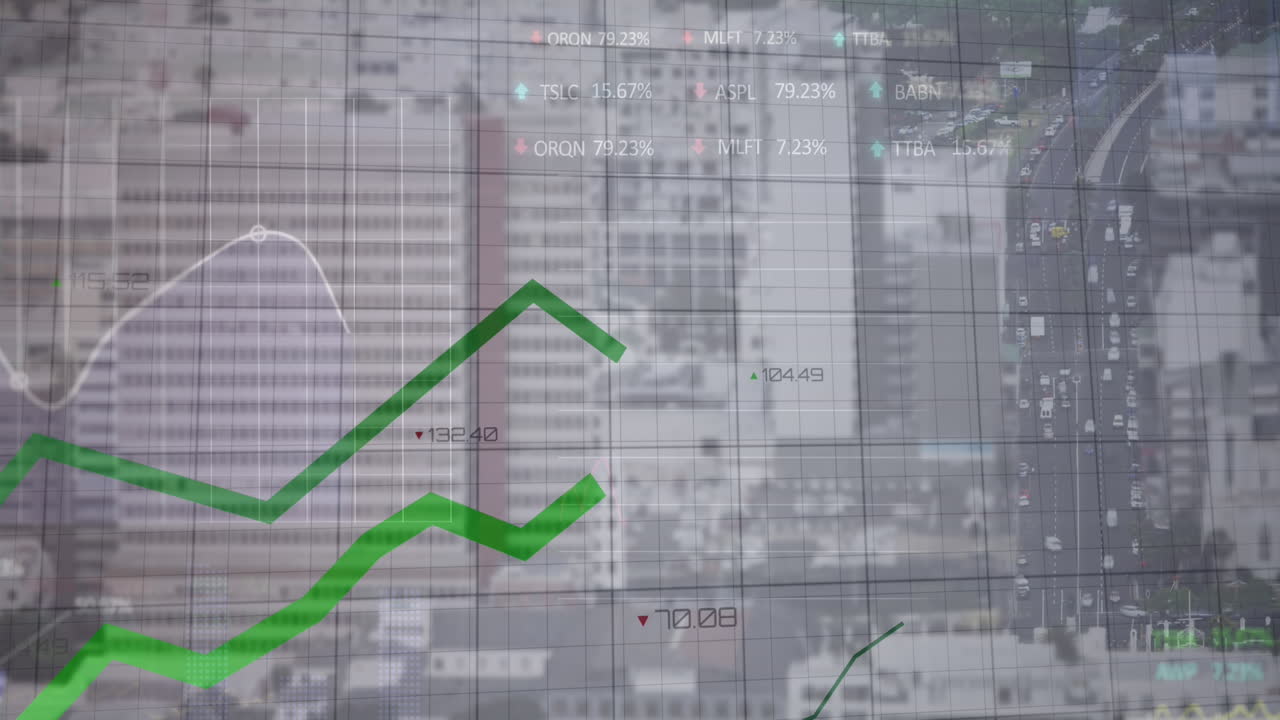 animación de líneas verdes y procesamiento de datos financieros sobre la ciudad