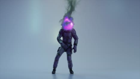astronauta en un traje espacial futurista con un aura púrpura brillante
