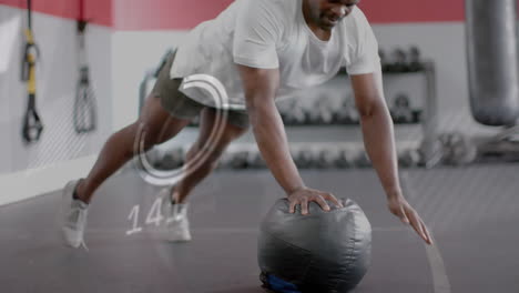 animation of digital data processing over african american man exercising in gym