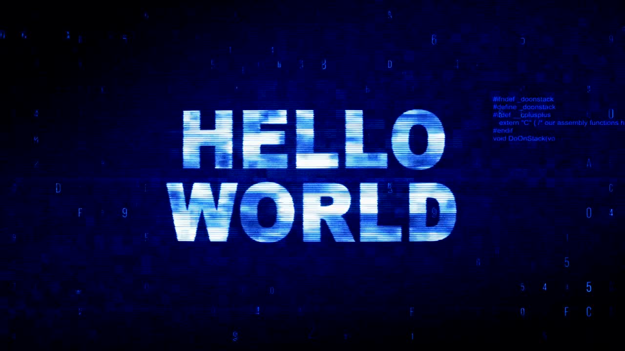 Hello World  Text Digital Noise Twitch Glitch Distortion Effect Error Animation.