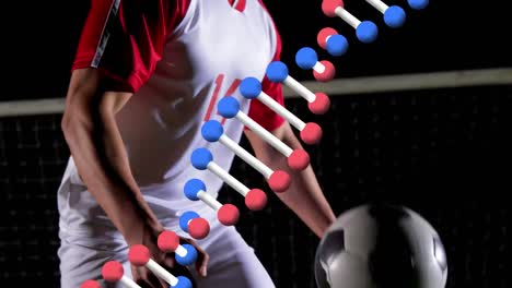 animación de una cadena de adn girando sobre un jugador de fútbol con una pelota