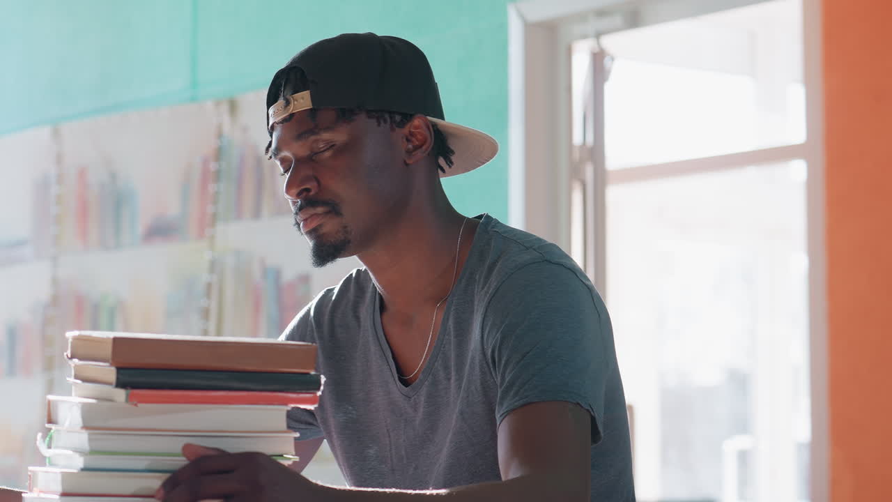 Thoughtful young man in cap sits indoors with stack of books in hands, looking forward in soft daylight, appearing calm and focused in relaxed study environment with blurred bookshelf background