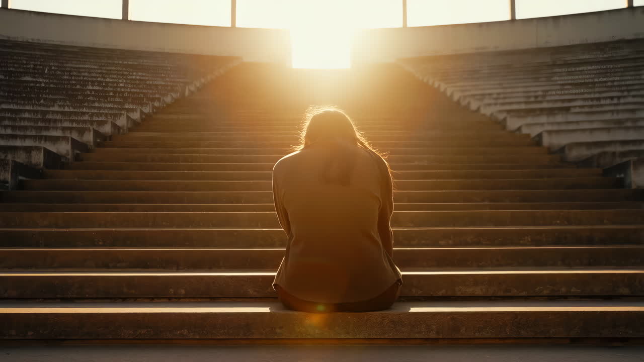 Person sitting alone on large steps into the light at sunset