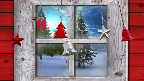 Animación-De-Adornos-Navideños-Sobre-La-Ventana-En-El-Fondo-Del-Paisaje-Invernal.