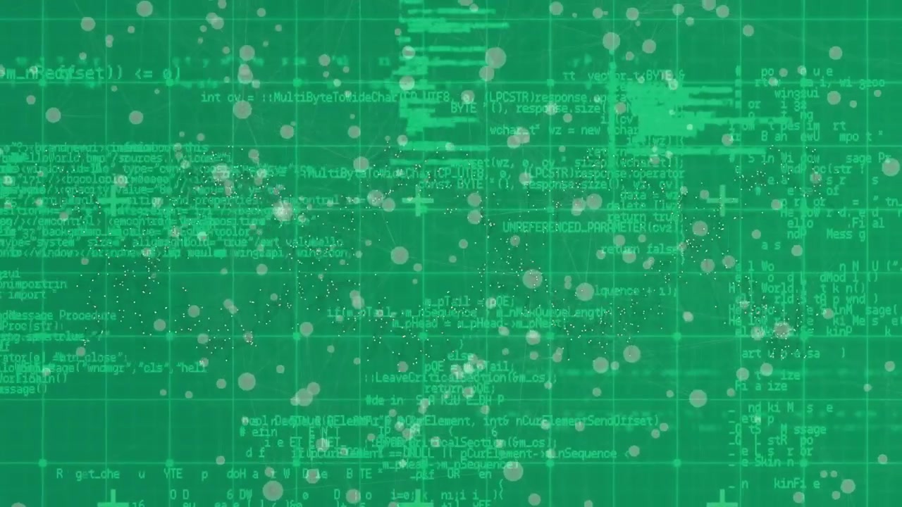 System start activating particles swirling over green grid and code columns scrolling showing data