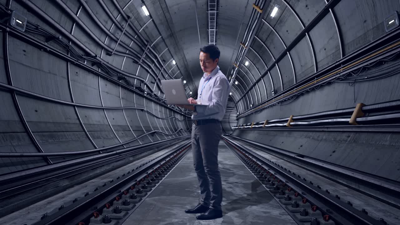 Full Body Side View Of An Asian Male Professional Worker Standing With His Laptop In Underground Subway Tunnel, Typing And Dissapionted With Nodding His Head