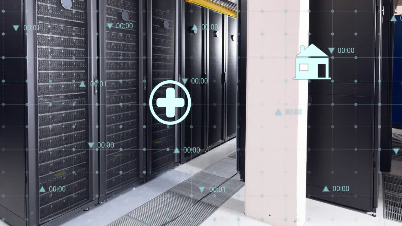 디지털 아이콘의 애니메이션 및 컴퓨터 서버 에 대한 그리드 네트워크를 통해 데이터 처리