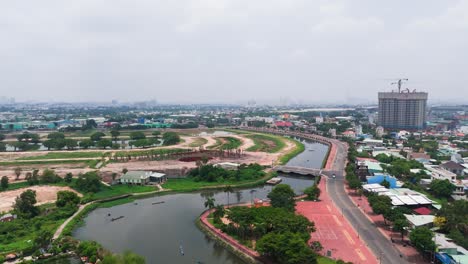 aerial view tilt up of the river and thuan an.