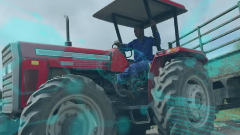 farm technician operating tractor under canopy, showing floating holographic code overlays