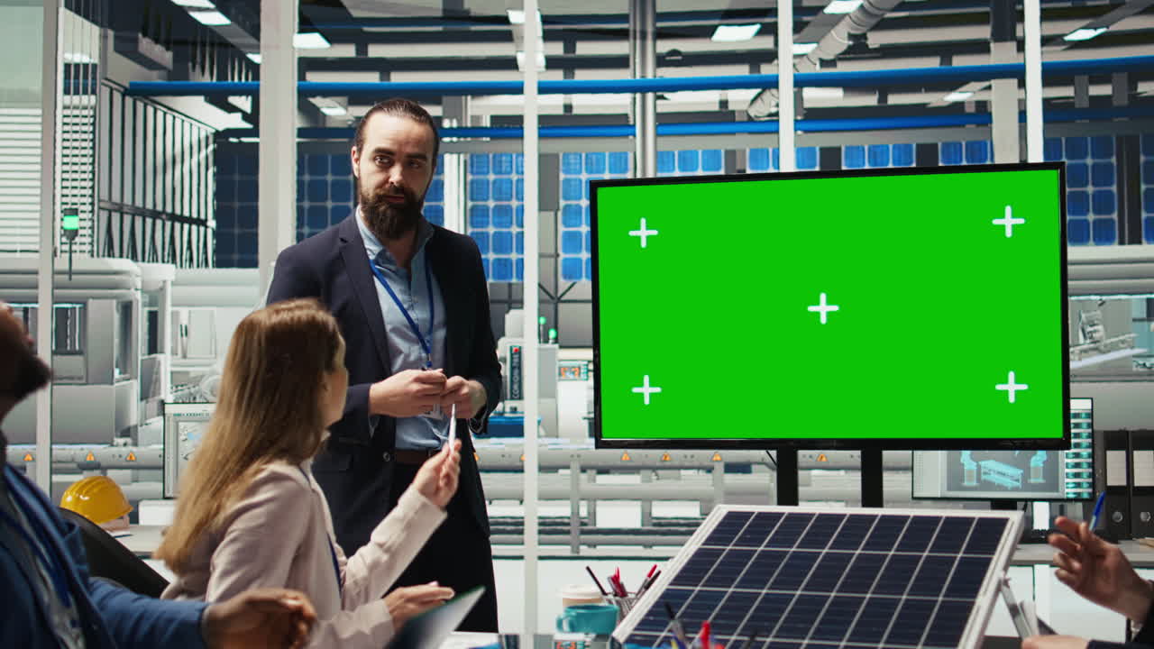 Photovoltaics Plant Researchers Evaluating Energy Production On Mockup Monitor