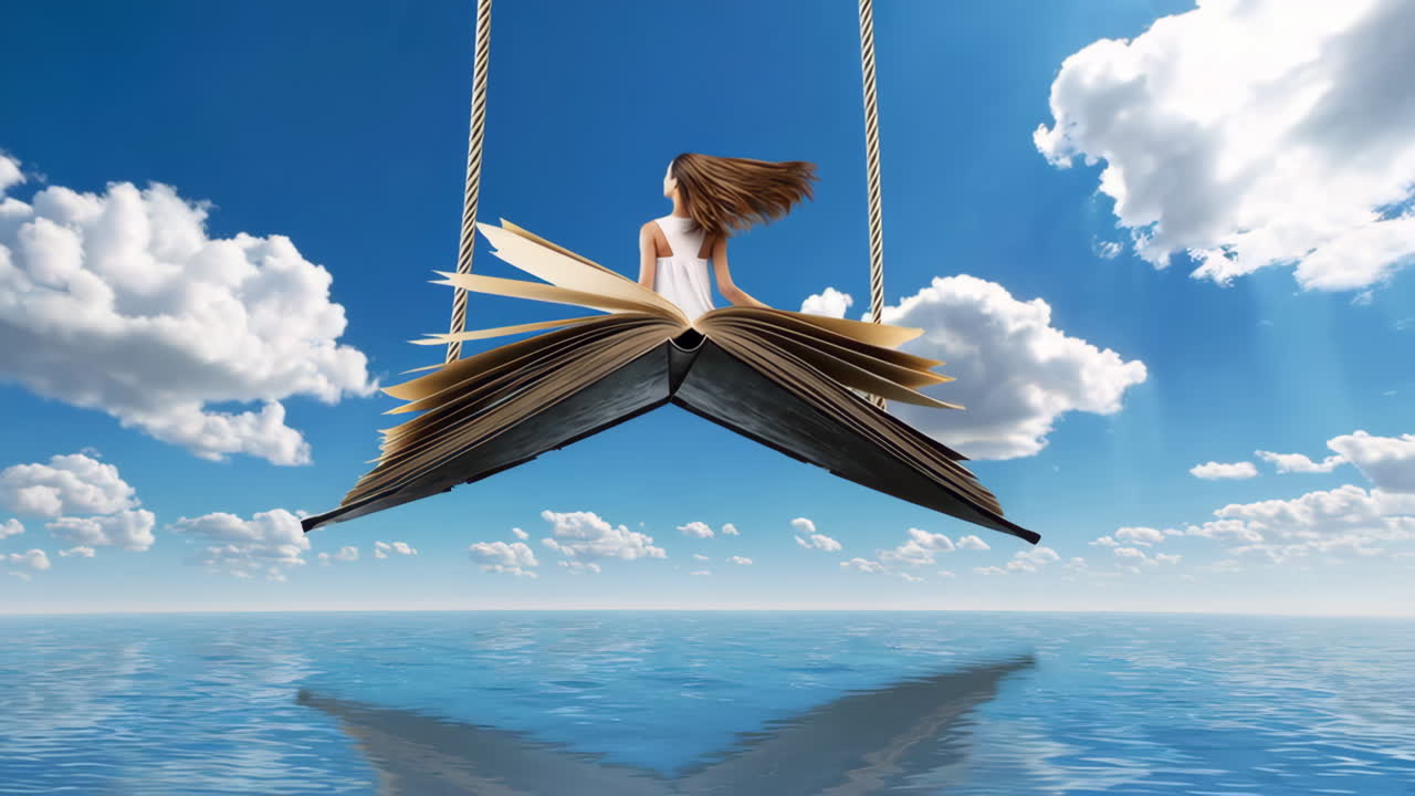 Woman sitting on an open book floating above water in the sky