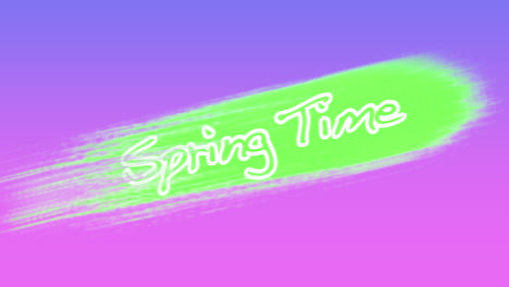 spring time text with bloom green and purple brushstroke on pink gradient