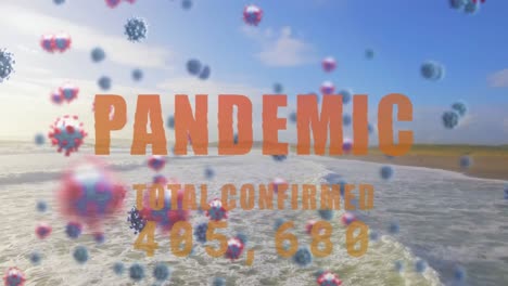 Digitales-Zusammengesetztes-Video-Eines-Pandemietextes-Mit-Bestätigter-Gesamtzahl,-Die-Sich-Gegen-Die-Meereswellen-Erhebt