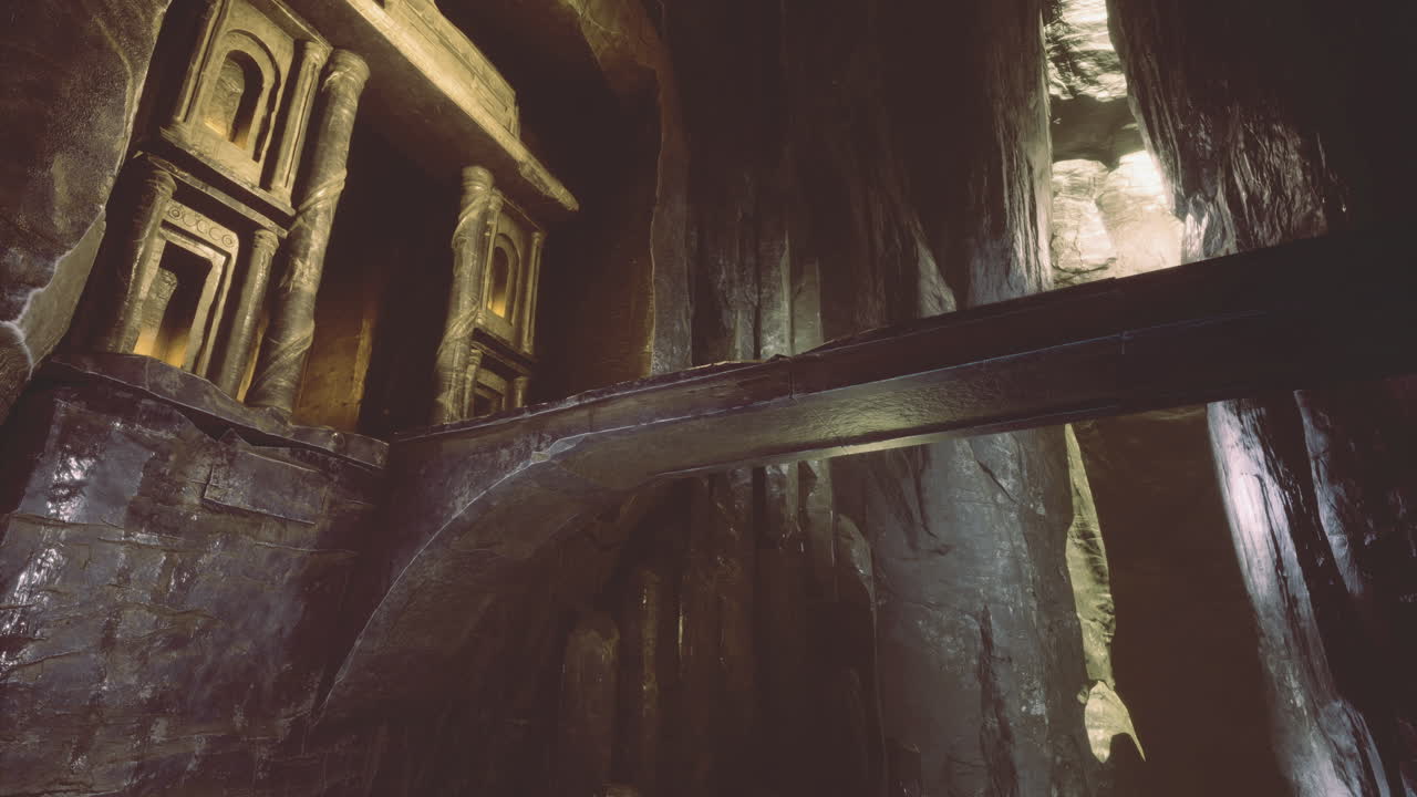 Mysterious underground chamber with ancient structures and dim lighting