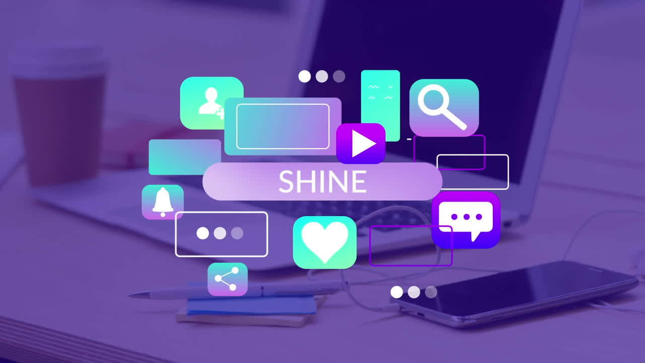 노트북에서 반이는 텍스트와 아이콘의 애니메이션